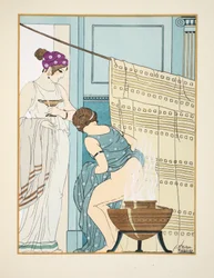 Kobieta siedząca na dużym garnku, ilustracja z "Dzieł Hipokratesa", 1934